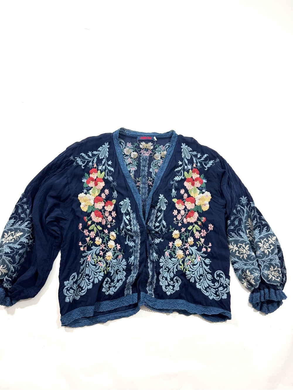 Johnny Was Kimono Blouse Blue Embroidered Floral